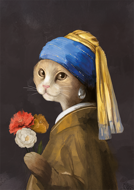 Katze mit Perlenohrring